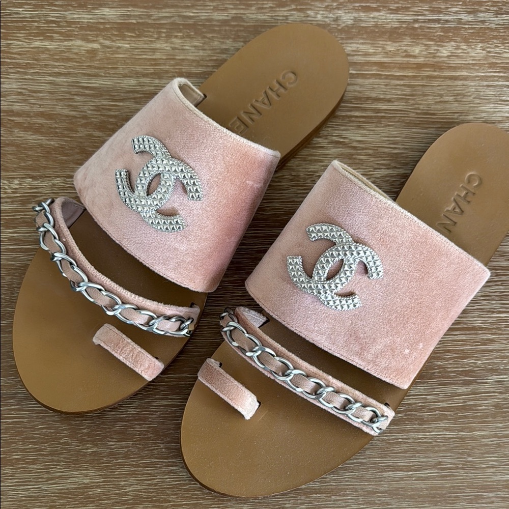 Chanel Pink Velvet Slide Sandals